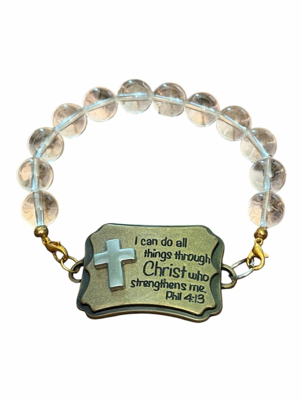 Faith Bracelet Philippians 4:13 Cross Charm Clear glass beads
